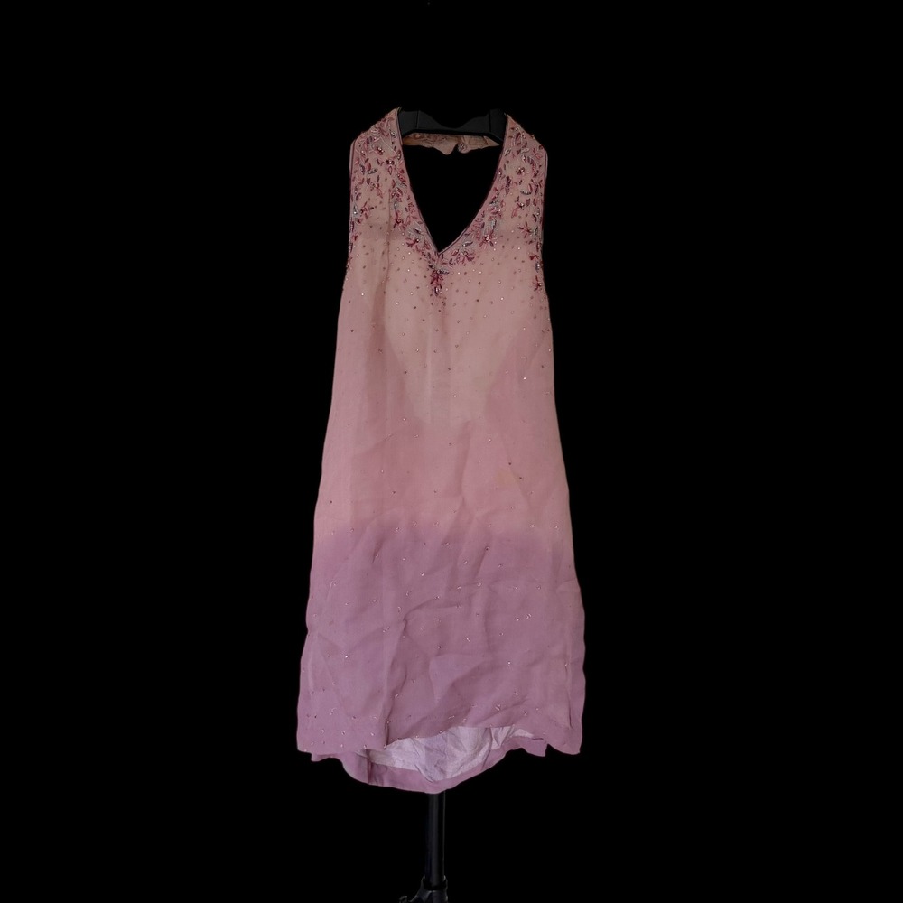 Vintage Pink Ombre Handmade Halter Dress Beaded Floral Neckline Open Back Sequin